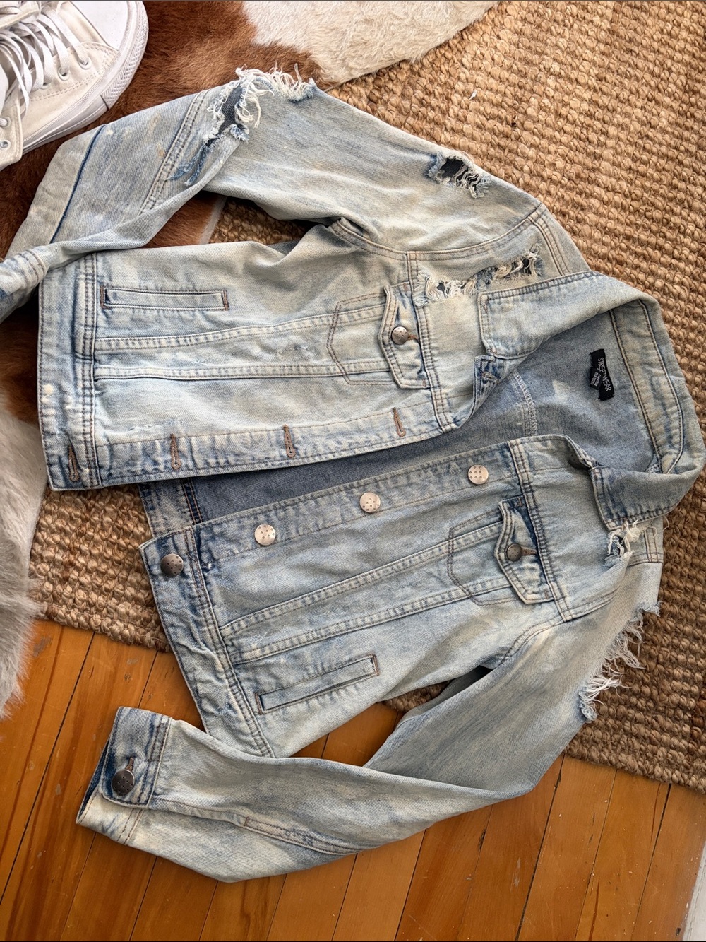 Light Wash Distressed Denim Jacket - Women's Jeans